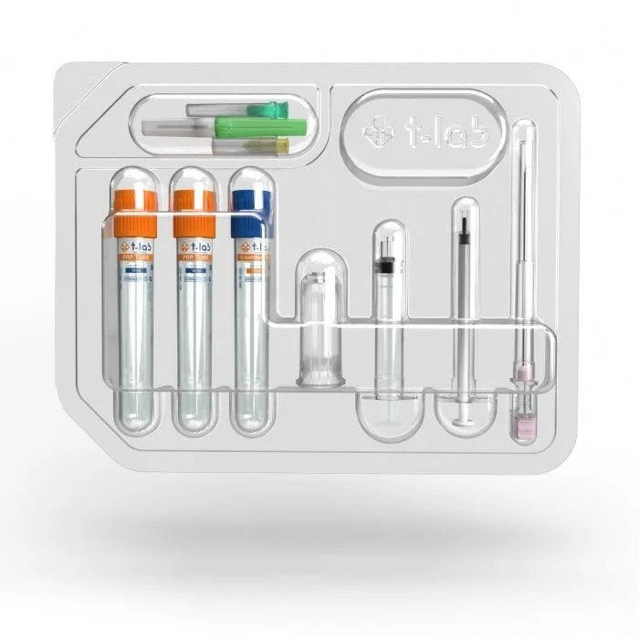PRP Kit T-Lab – Професионален комплект за приготвяне на автоложна плазма, предназначен за естетична и дерматологична терапия. Осигурява лесно, безопасно и бързо извличане на богата на тромбоцити плазма (PRP) за стимулиране на регенерацията на кожата, подмладяване и ускоряване на възстановителните процеси. Съвместим с повечето стандартни центрофуги.